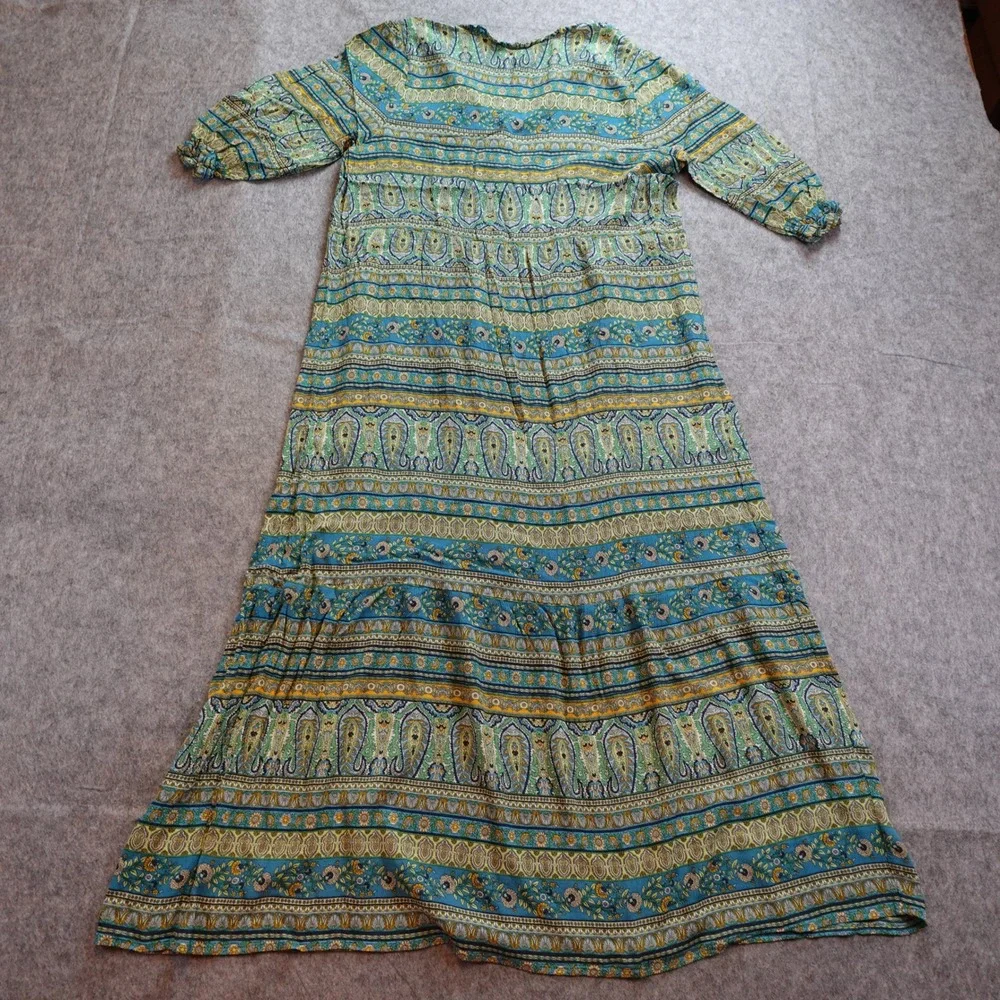 J Jill Dress Womens Large Blue Paisley Floral Tiered Rayon VNeck Maxi Boho